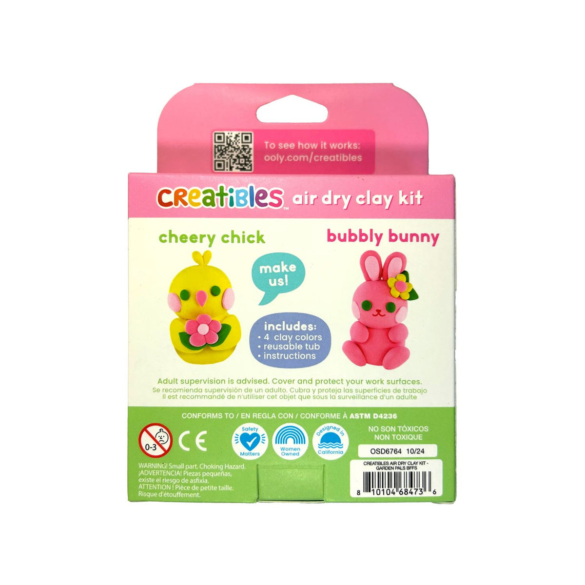back of Packaging of Creatibles Air Dry Clay Kit with illustrations of a bunny and a chick on the front, along with the text &#39;Garden Pals BFFs&#39; and &#39;ages 6+&#39;.