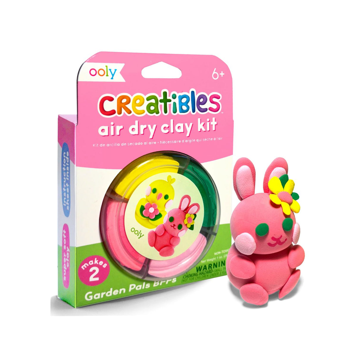 Packaging of Creatibles Air Dry Clay Kit with illustrations of a bunny and a chick on the front, along with the text &#39;Garden Pals BFFs&#39; and &#39;ages 6+&#39;.