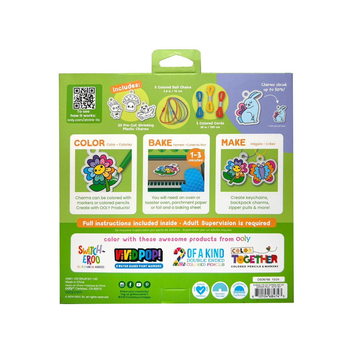 Packaging for Shrink-Its! DIY Shrink Art Kit featuring garden pals designs, with illustrations of a bunny, bee, and flower. The kit is for coloring, baking, and shrinking to create charms.