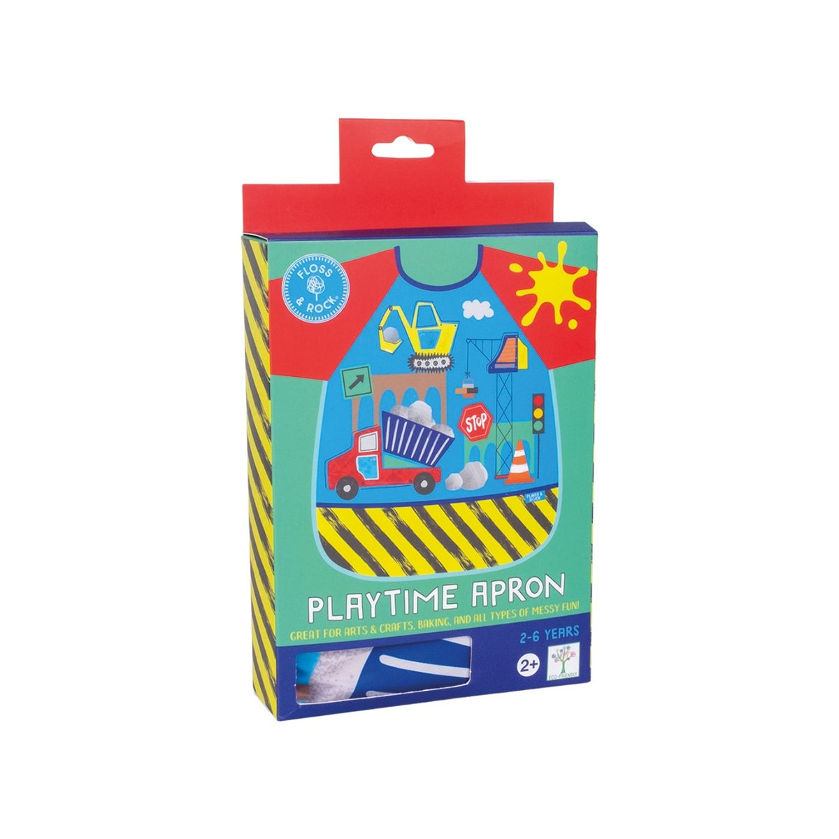 Colorful packaging of a playtime apron with construction-themed design on a white background.