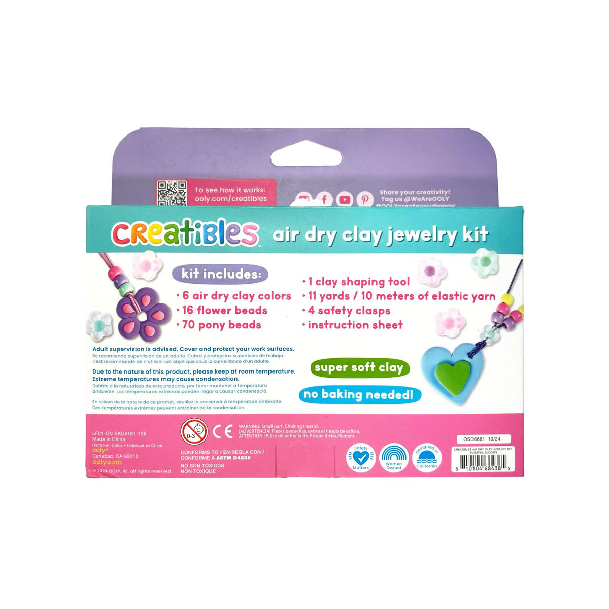 Packaging of Creatibles Air Dry Clay Jewelry Kit with six colors of clay, flower beads, pony beads, and elastic yarn displayed along with the brand ooly and the product name.