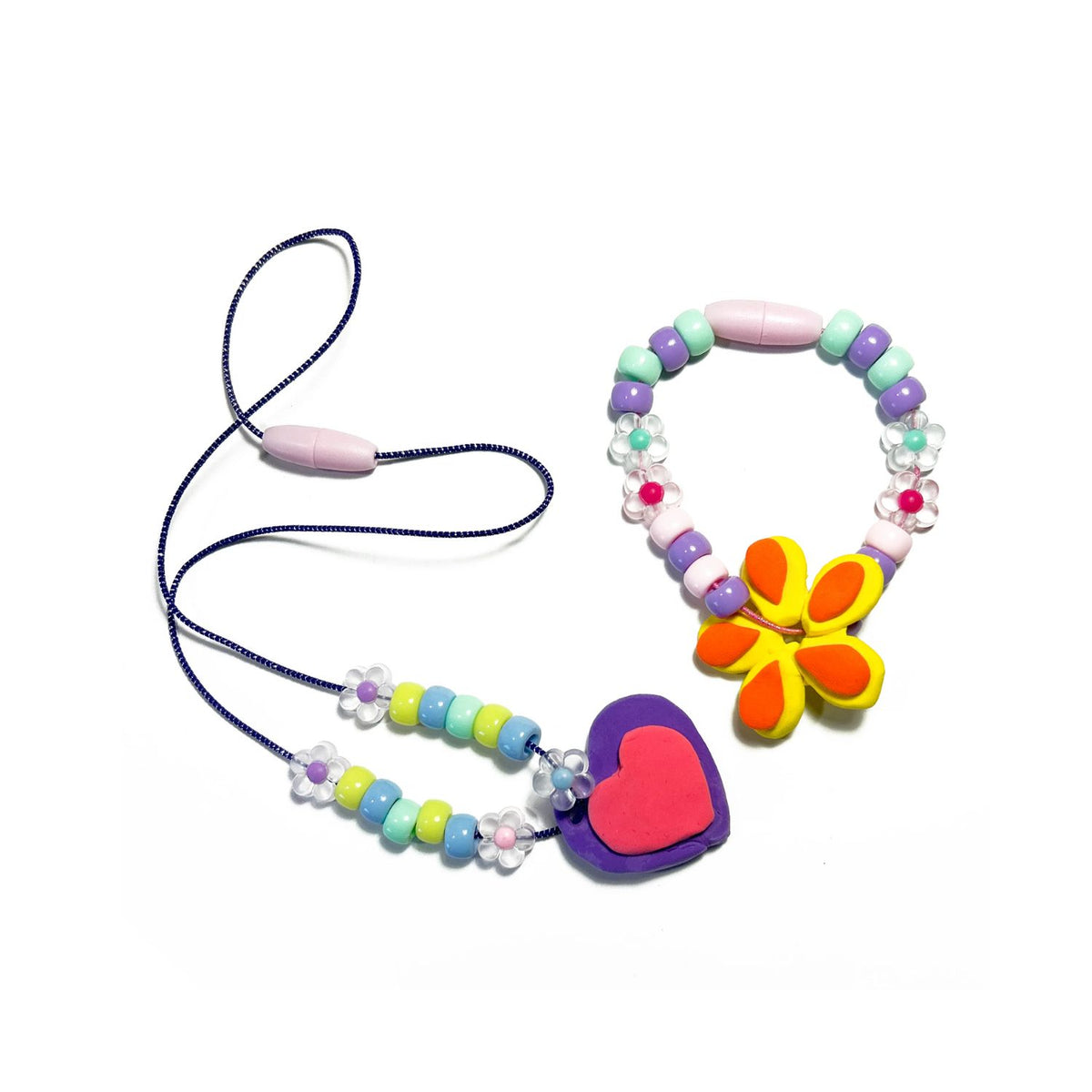 a set of Creatibles Air Dry Clay Jewelry Kit flower beads, pony beads, and elastic yarn 