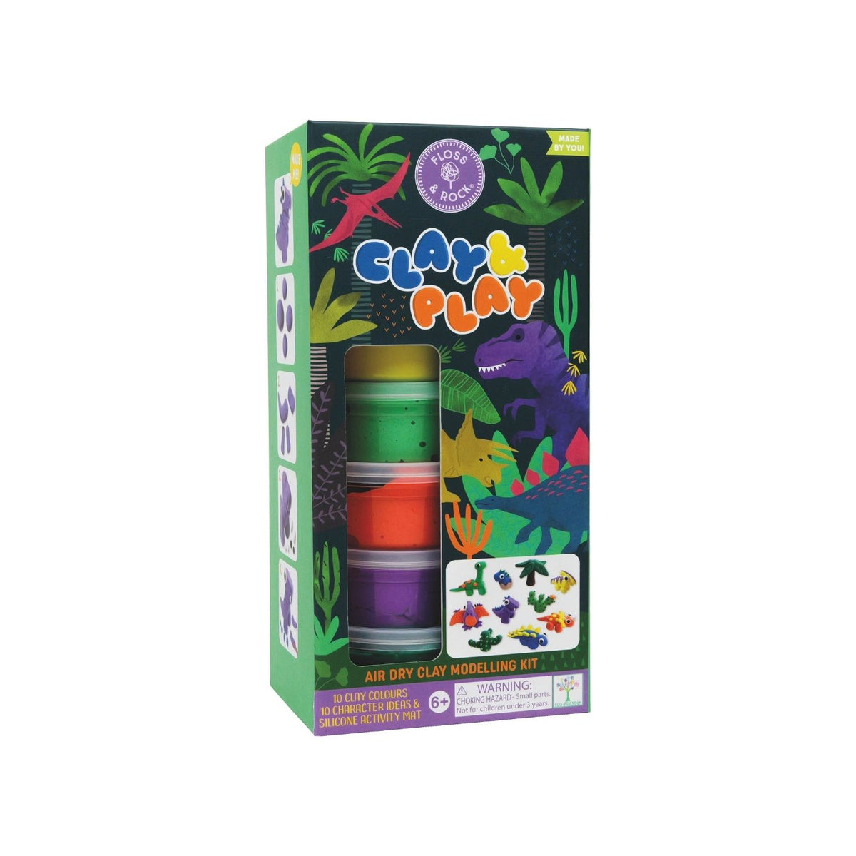 Packaging for &#39;Clay &amp; Play&#39; dinosaur craft kit, featuring colorful clay pots and dinosaur shapes, with a wooden stylus tool and a silicone mat depicted.