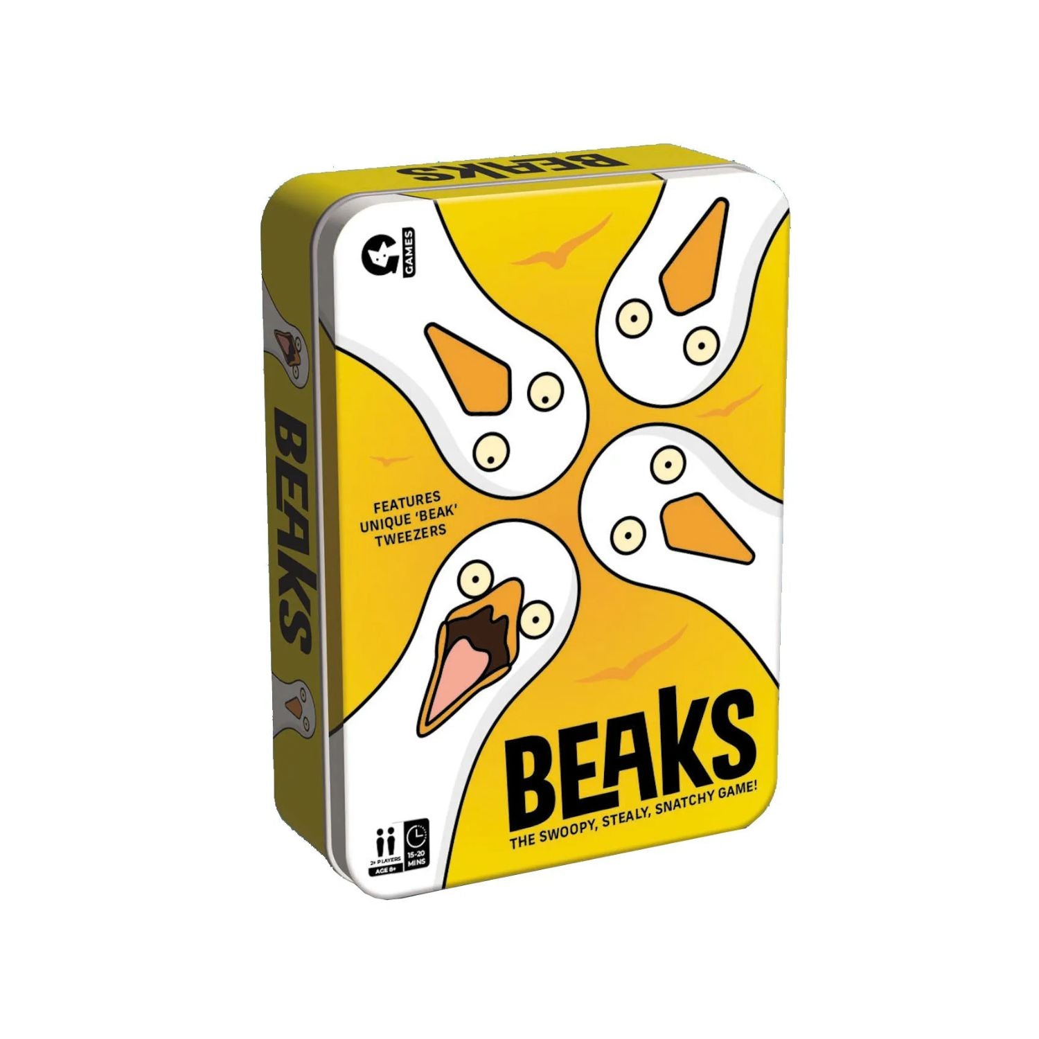 Beaks game box with yellow and white design on a white background
