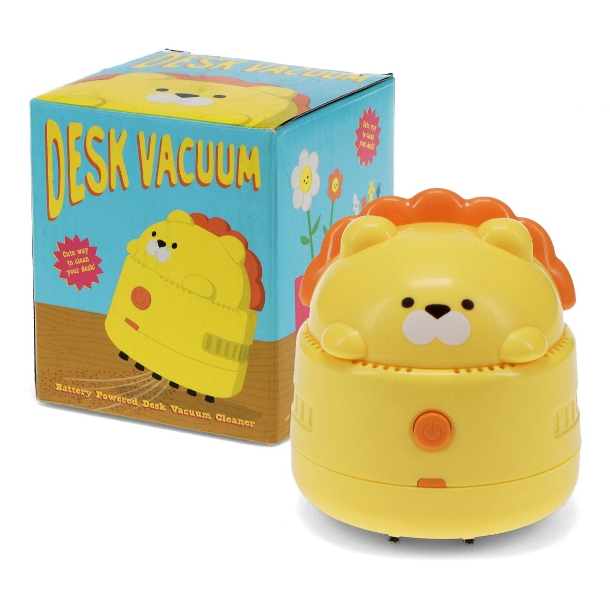 Yellow lion-shaped desk vacuum cleaner with packaging on a white background