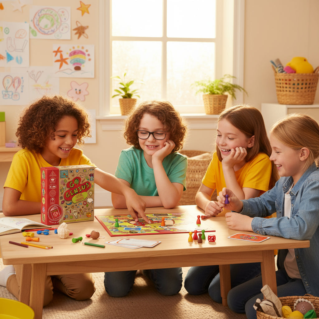 Four children playing a board game together in a cozy home setting.