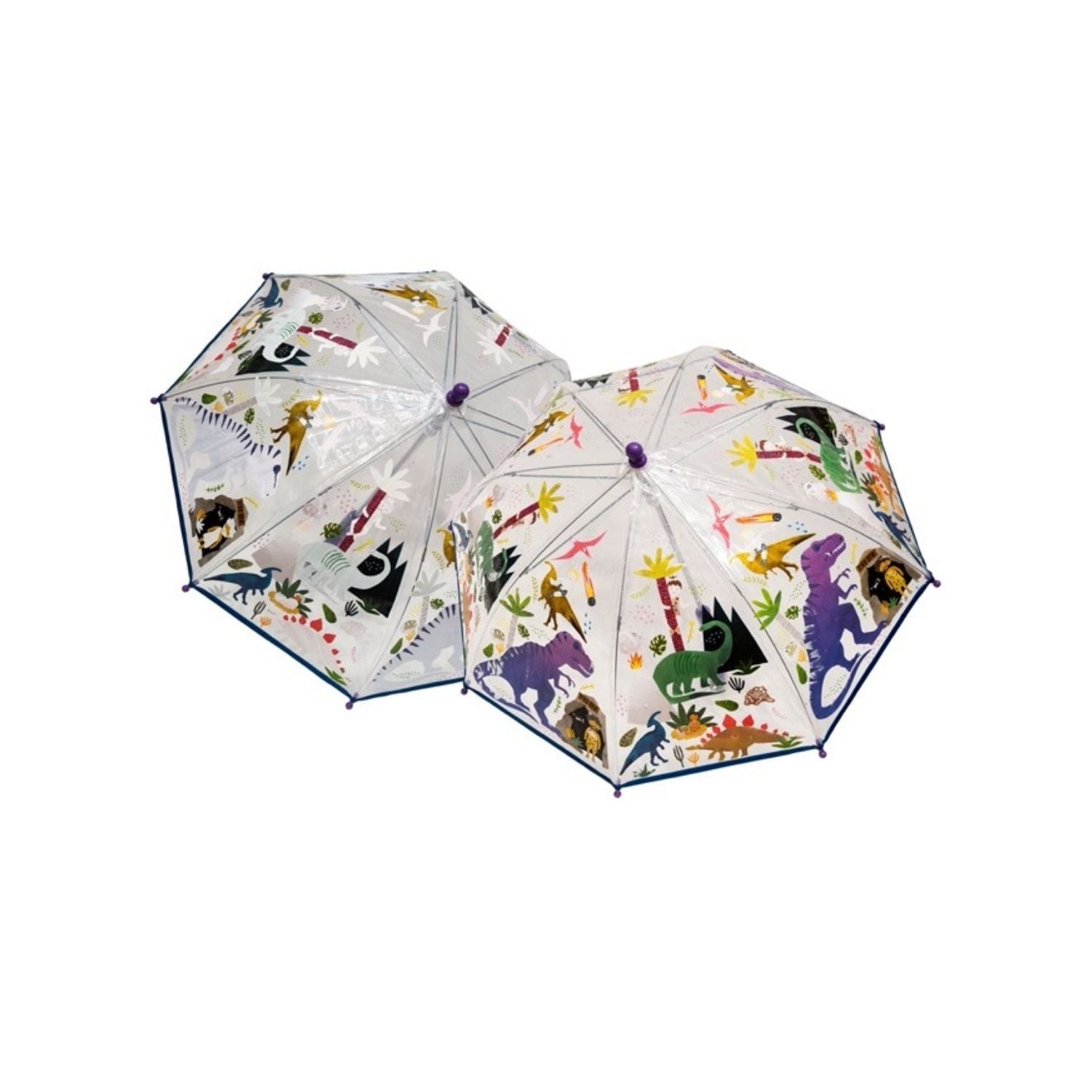 A transparent color changing umbrella with a dinosaur pattern that is visible when the umbrella is closed.