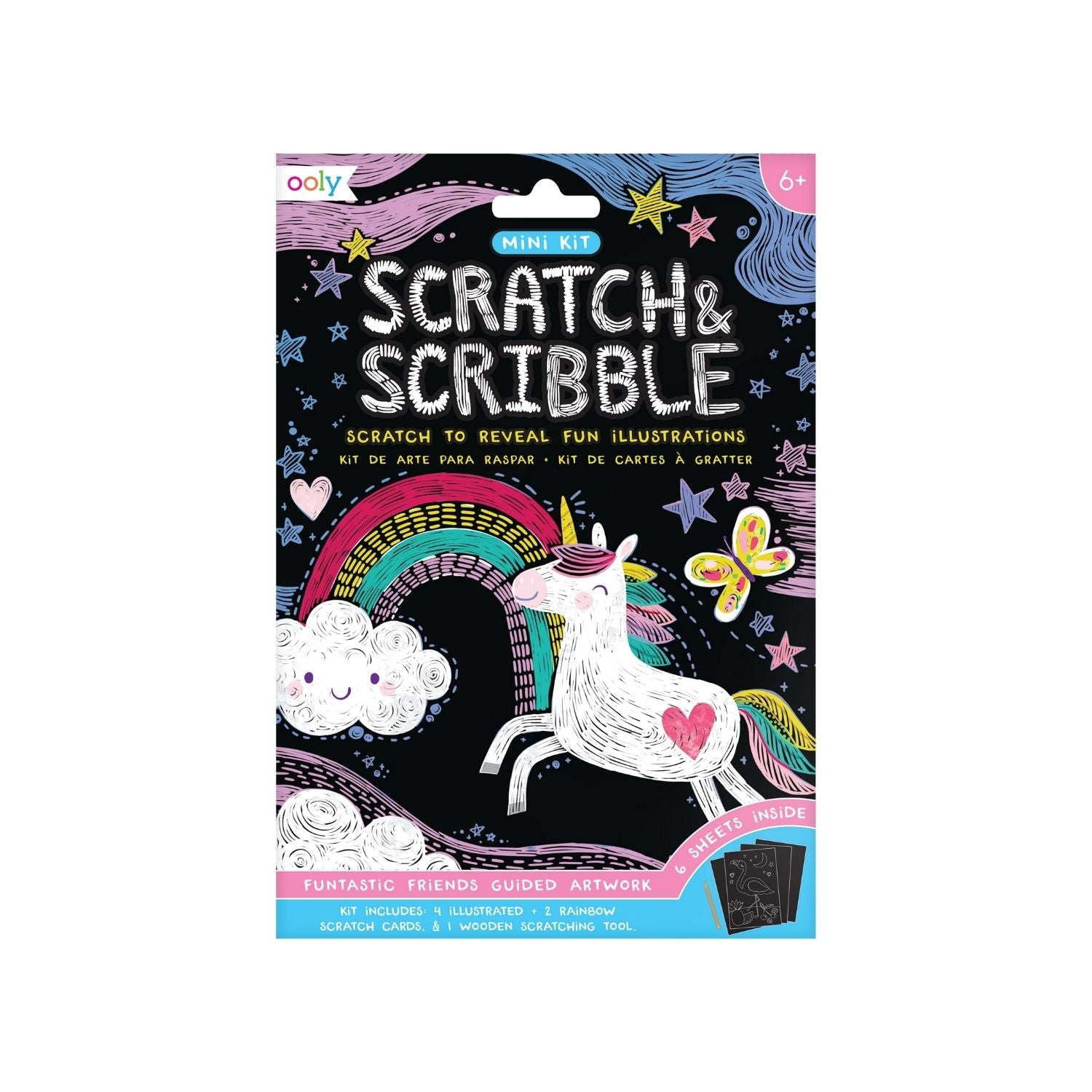 A packaged mini scratch and scribble art kit with illustrations of unicorns and other animals, and a wooden scratching tool.