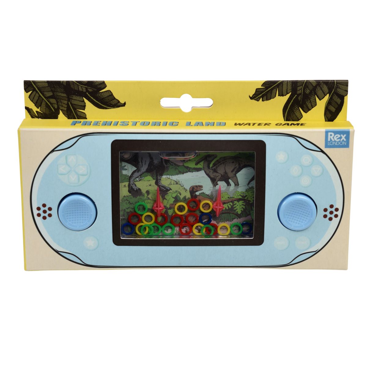 Handheld electronic water game in packaging, with a prehistoric dinosaur theme, featuring a display screen and buttons.