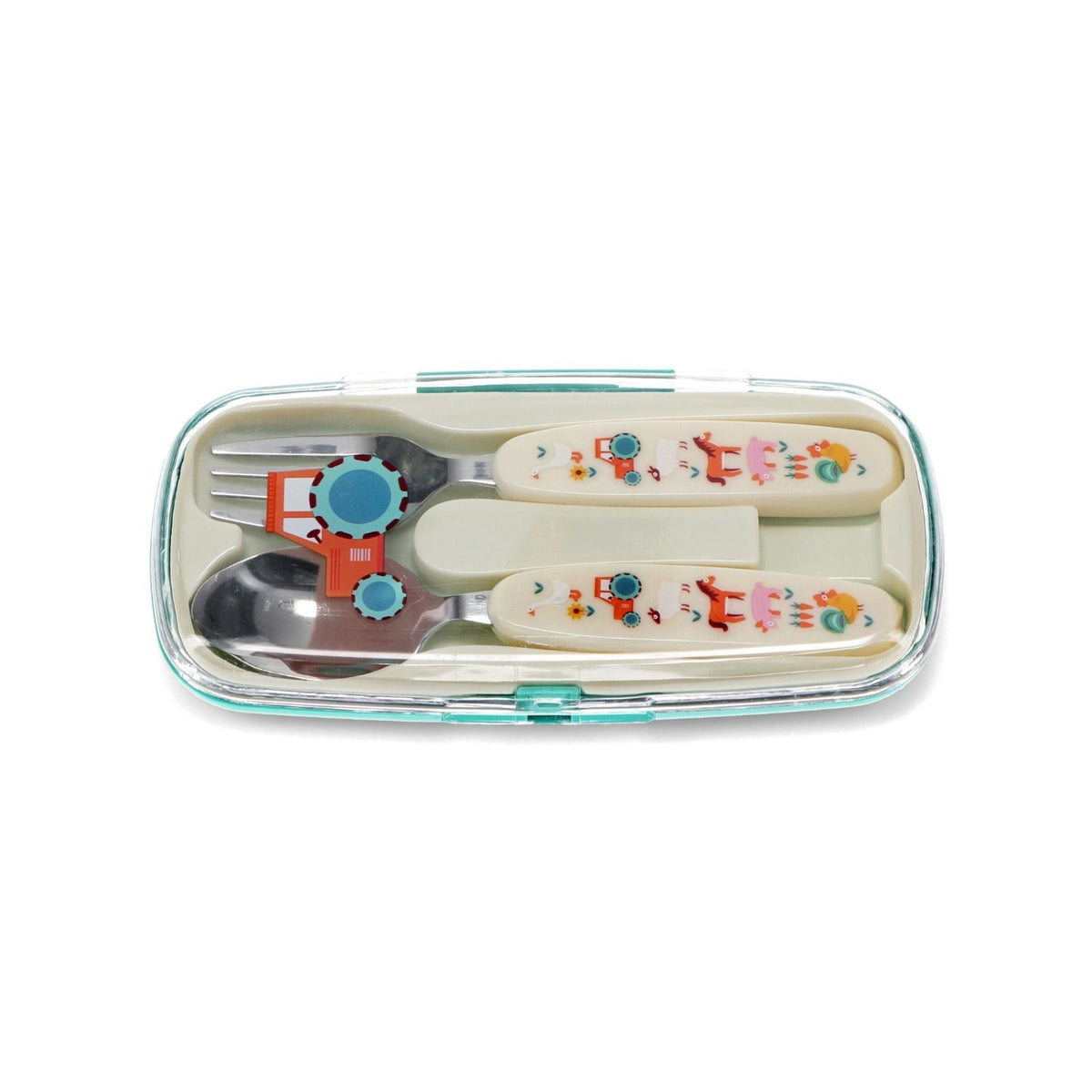 Set of cutlery with colorful handles in a clear case on a white background