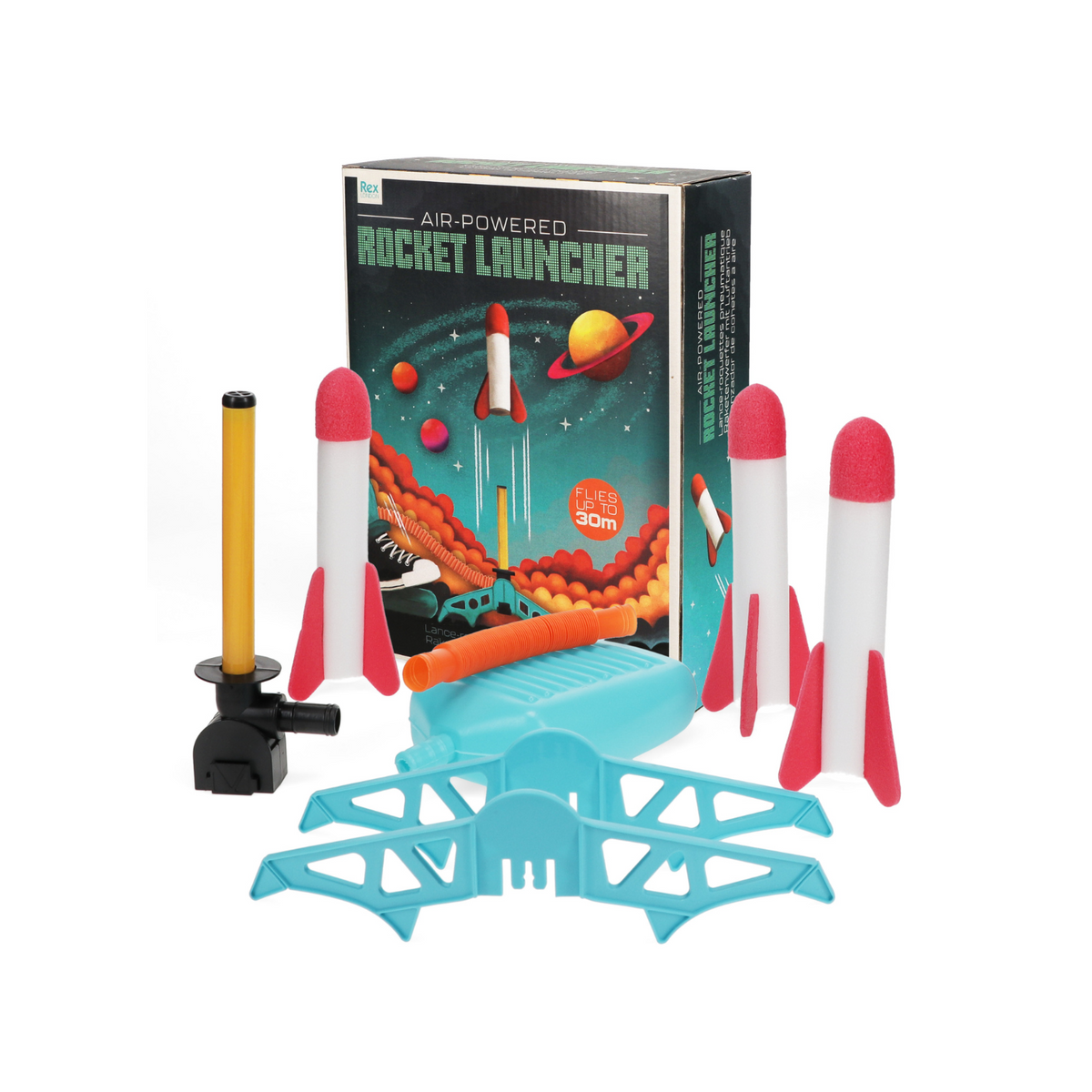 Toy rocket launcher set with rockets and packaging on a white background