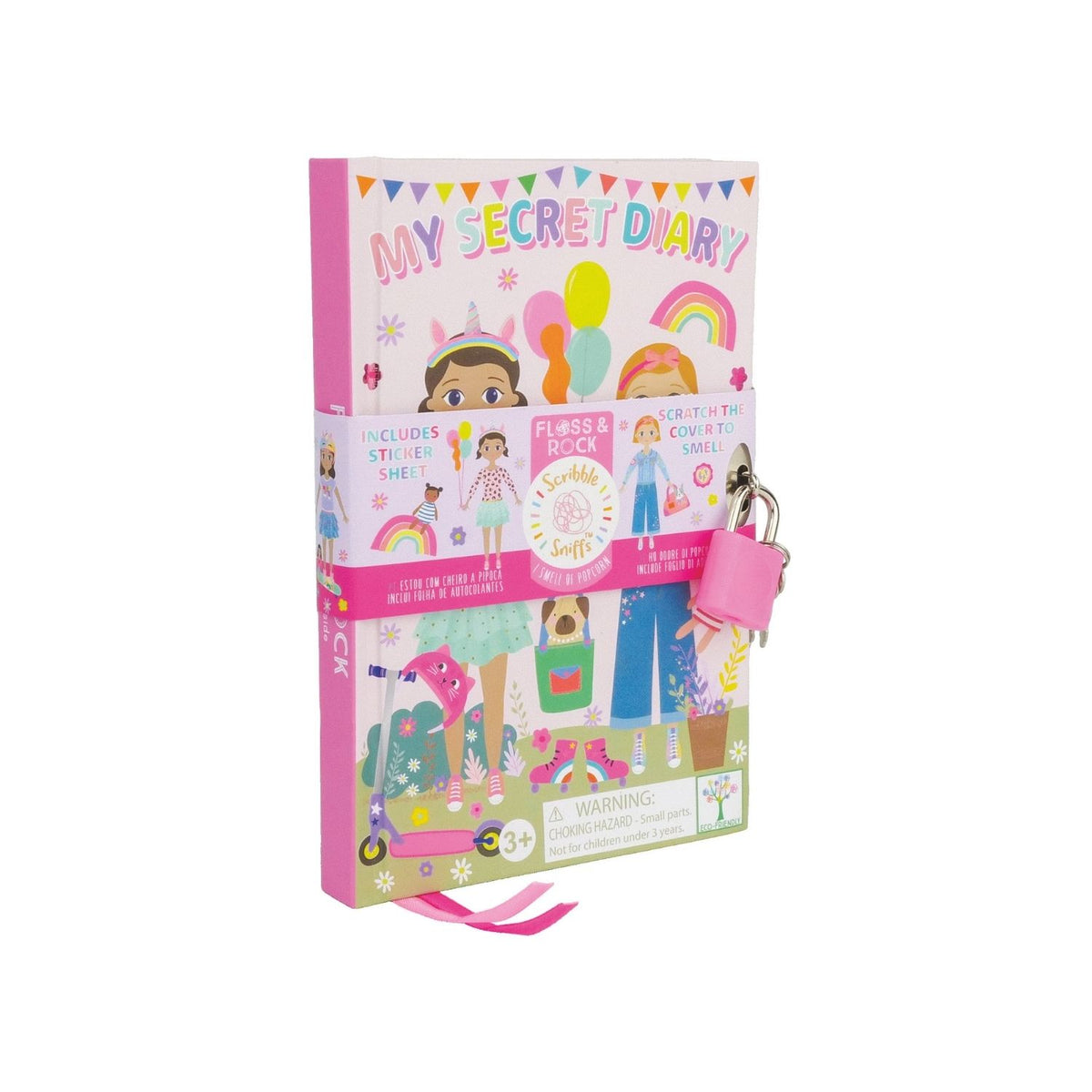 A colorful children&#39;s diary titled &#39;My Scented Secret Diary&#39; with illustrations of dolls and a scratch and sniff cover, accompanied by a padlock and key, and a sticker sheet.