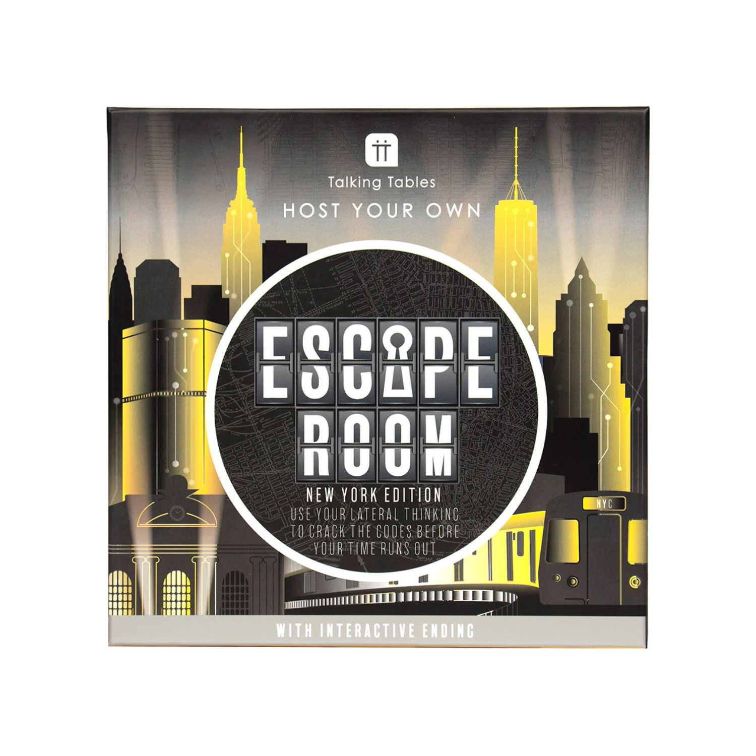 Escape Room game box with New York skyline design on a white background
