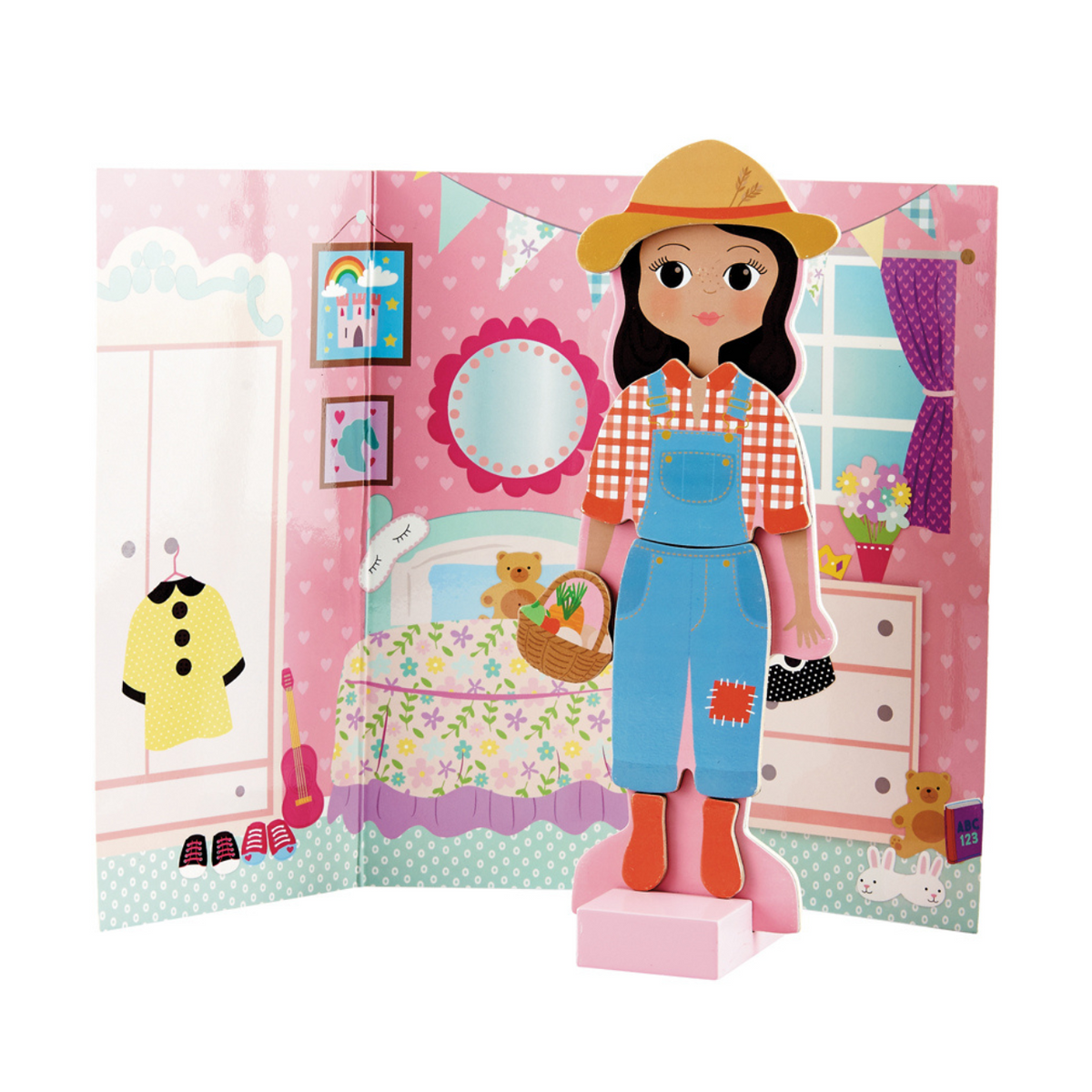 Dress Up Doll with a hat standing in front of a colorful bedroom scene