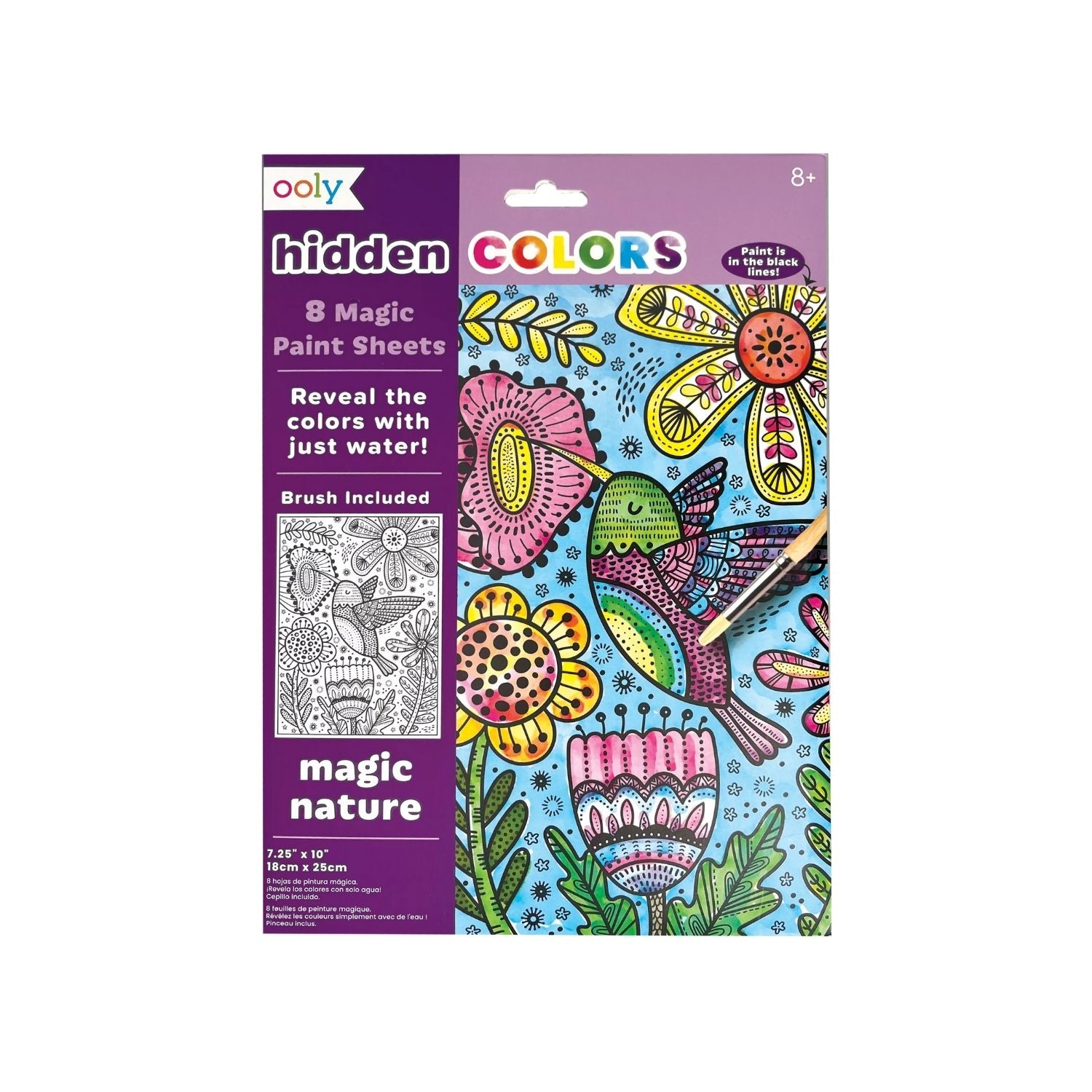 Packaging of Hidden Colours Magic Paint Sheets with a colorful nature-themed illustration and a paint brush included.