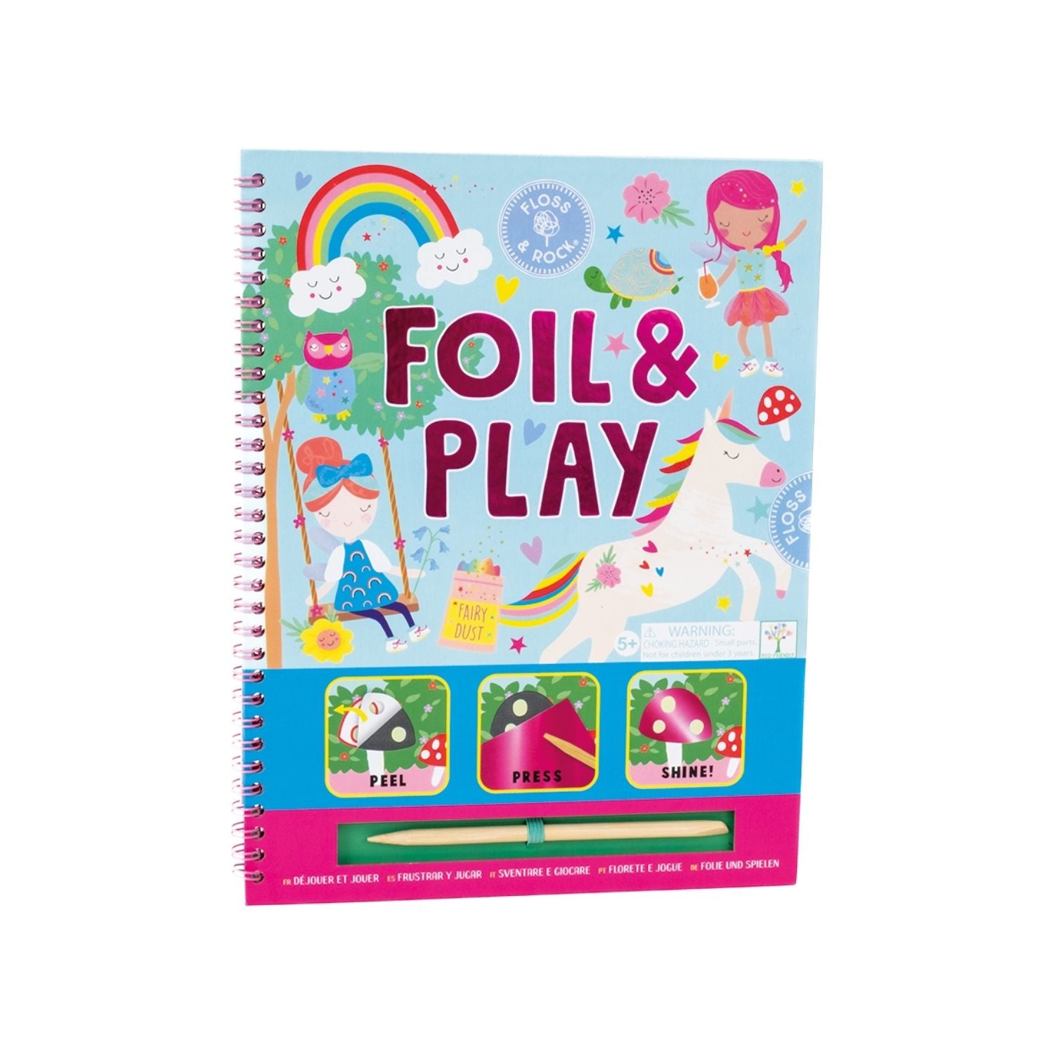 A spiral bound book titled 'FOIL & PLAY' with illustrations of fairies and rainbow. It includes a wooden stylus and color foiling sheets.