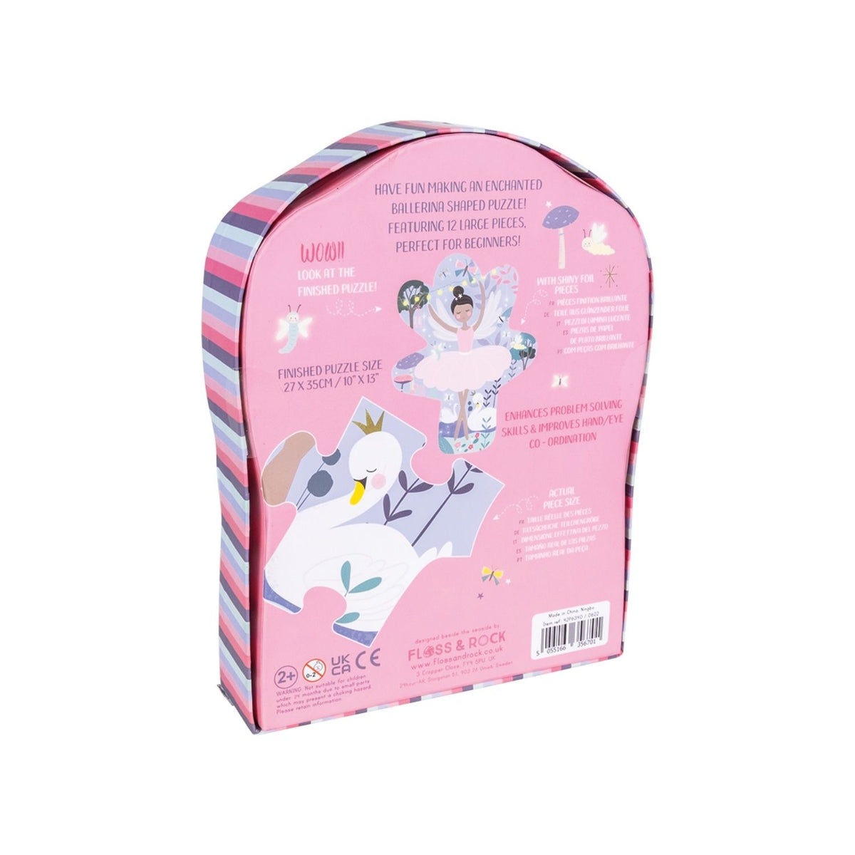 A packaged 12-piece shaped puzzle depicting a ballerina in a pink dress, with floral and striped patterns on the box.