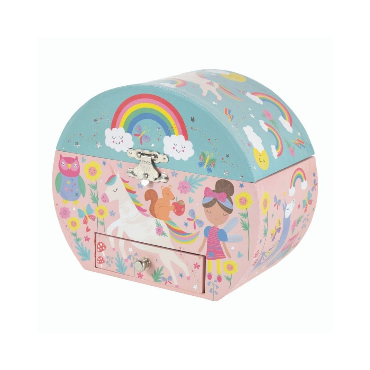 A musical jewellery box with illustrations of fairies, unicorns, and rainbows. The box is oval in shape and appears to be for kids.