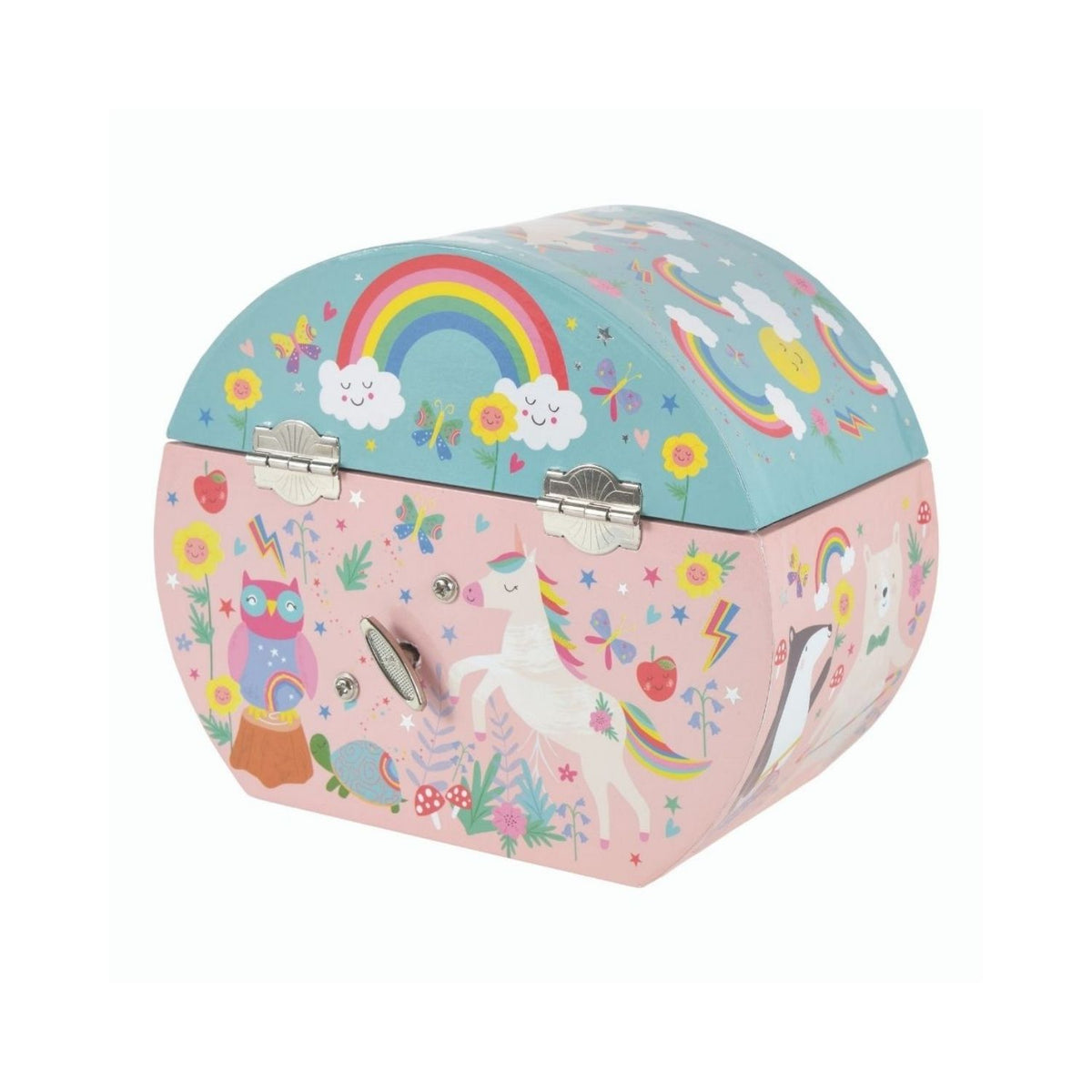 A musical jewellery box with illustrations of fairies, unicorns, and rainbows. The box is oval in shape and appears to be for kids.