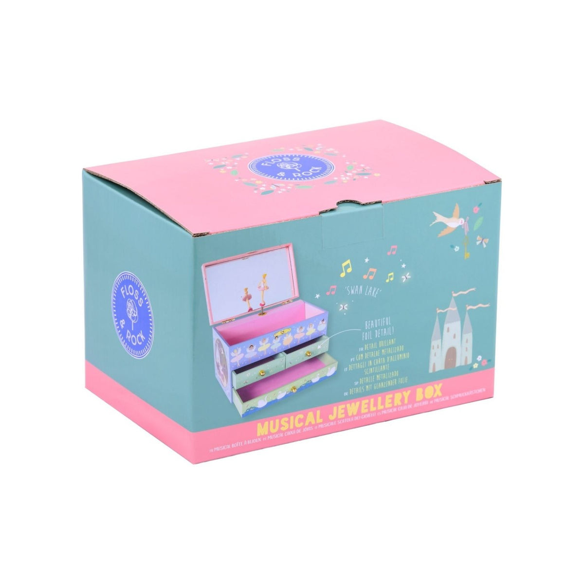 A musical jewellery box with 3 drawers, illustrated with ballerinas and swans, packaged in a box.