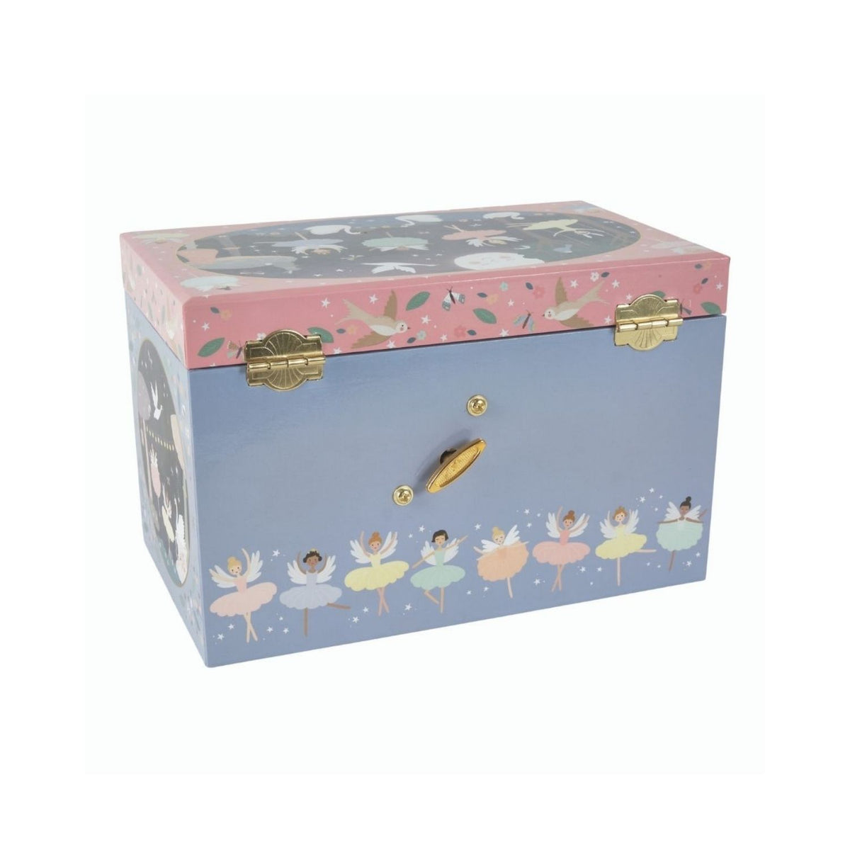 A musical jewellery box with 3 drawers, illustrated with ballerinas and swans, packaged in a box.