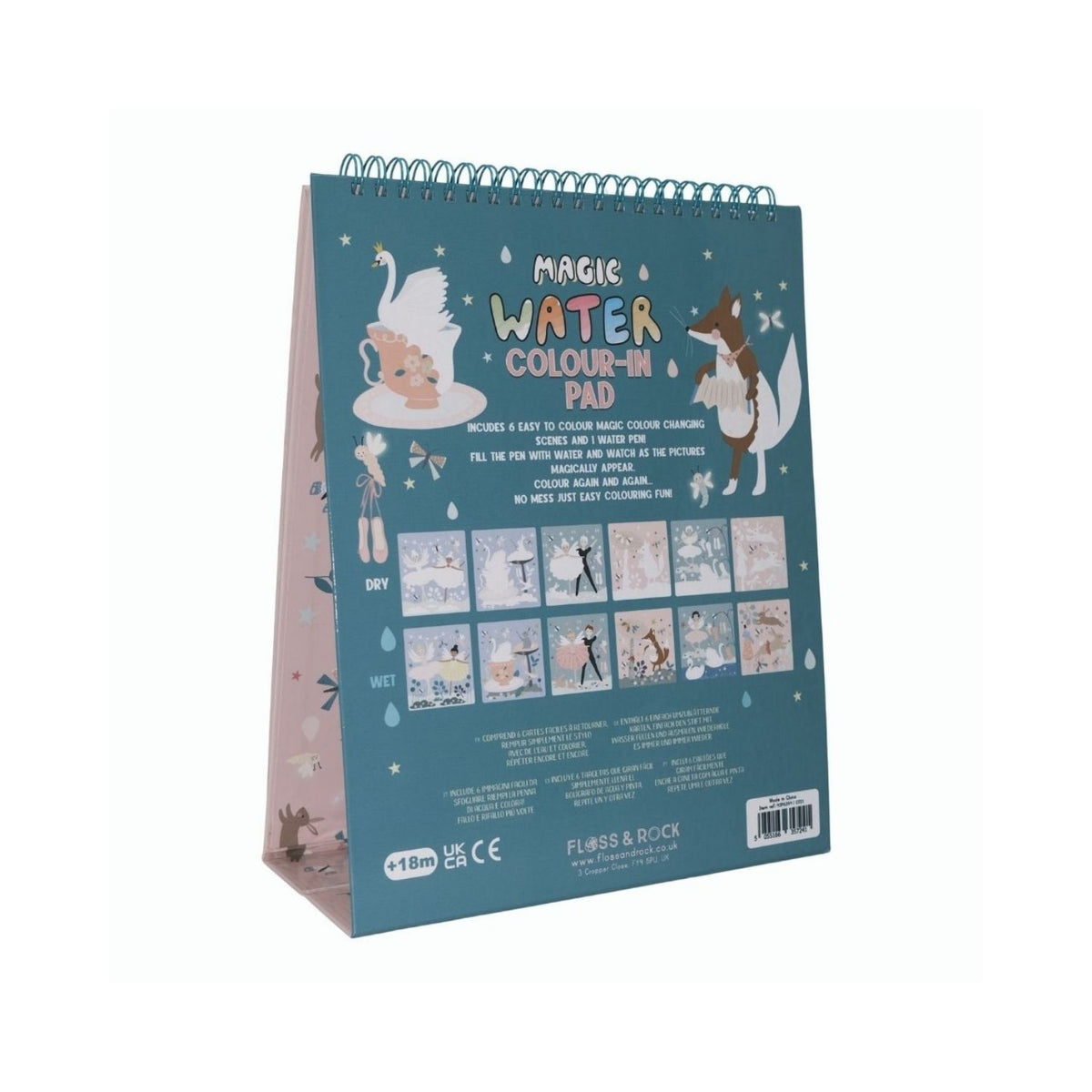 A spiral bound pad of magic water color changing easel and pen with illustrations of animals and a fairy on the cover, along with a blue water pen.