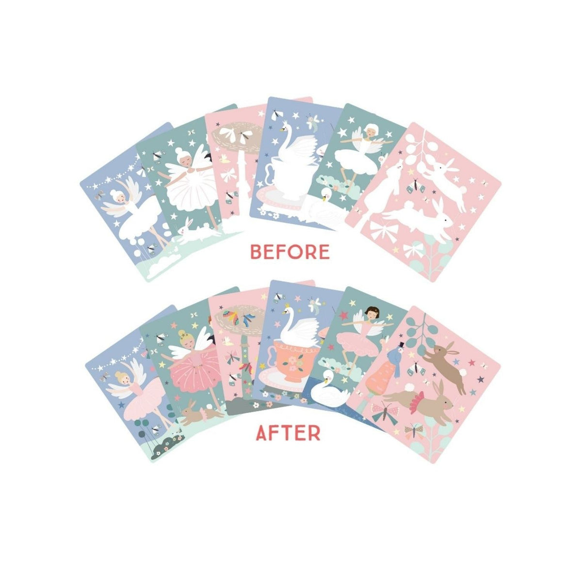 A spiral bound pad of magic water color changing easel and pen with illustrations of animals and a fairy on the cover, along with a blue water pen.