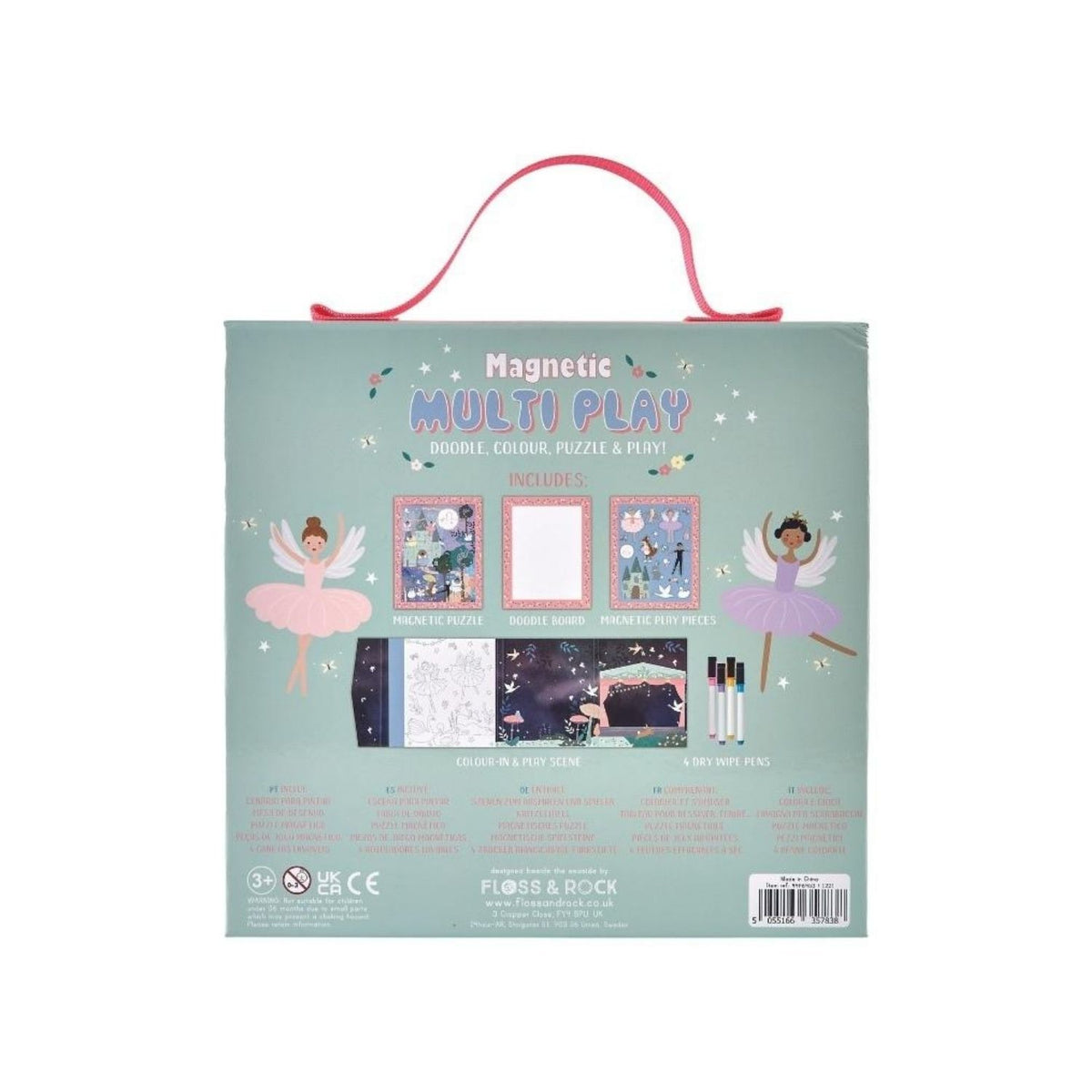 A magnetic multi-play game for children featuring various activities such as puzzles, coloring, and doodling with a carrying handle, themed around ballerinas and birds.