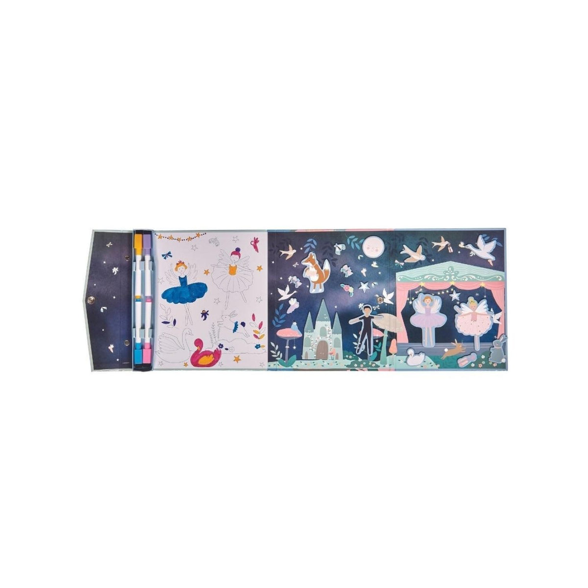 A magnetic multi-play game for children featuring various activities such as puzzles, coloring, and doodling with a carrying handle, themed around ballerinas and birds.
