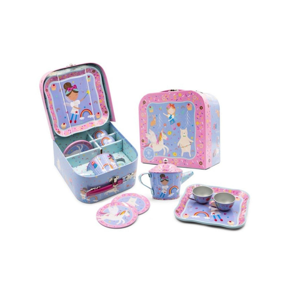 A Rainbow Fairy themed tin tea set in a colorful box with illustrations of fairies and animals. The set includes a teapot, cups, saucers, and a tray.