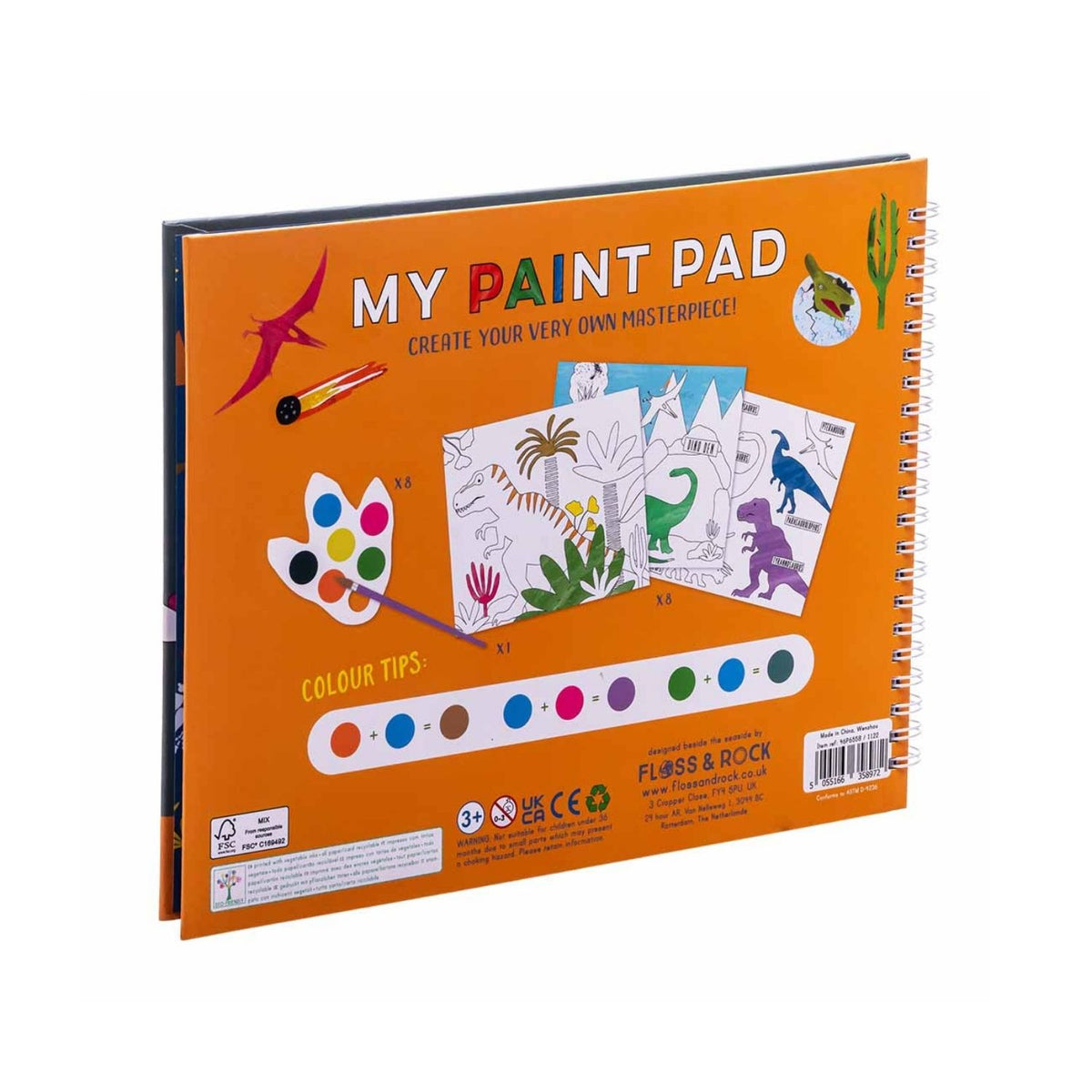 A paint pad designed for children with dinosaur shapes and a paintbrush illustrated on the cover.