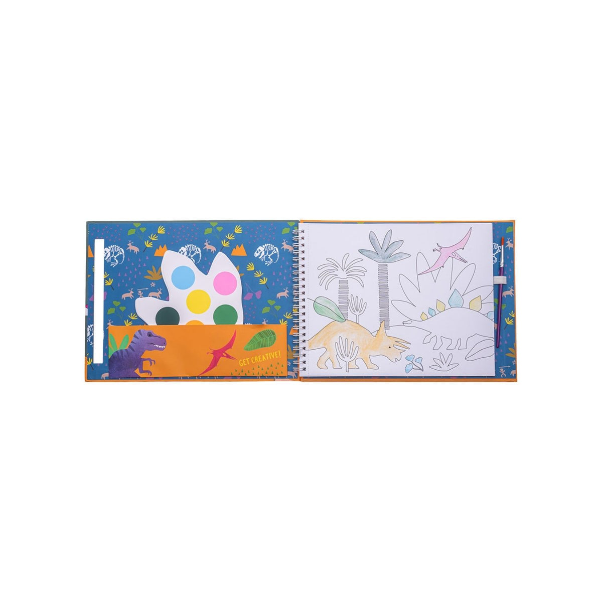 A paint pad designed for children with dinosaur shapes and a paintbrush illustrated on the cover.
