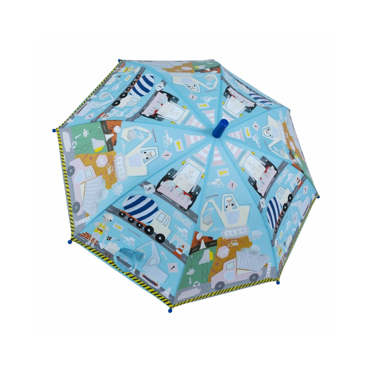 A children&#39;s umbrella with a construction theme, featuring illustrations of builders, trucks, and diggers. It is designed to change color when it rains.