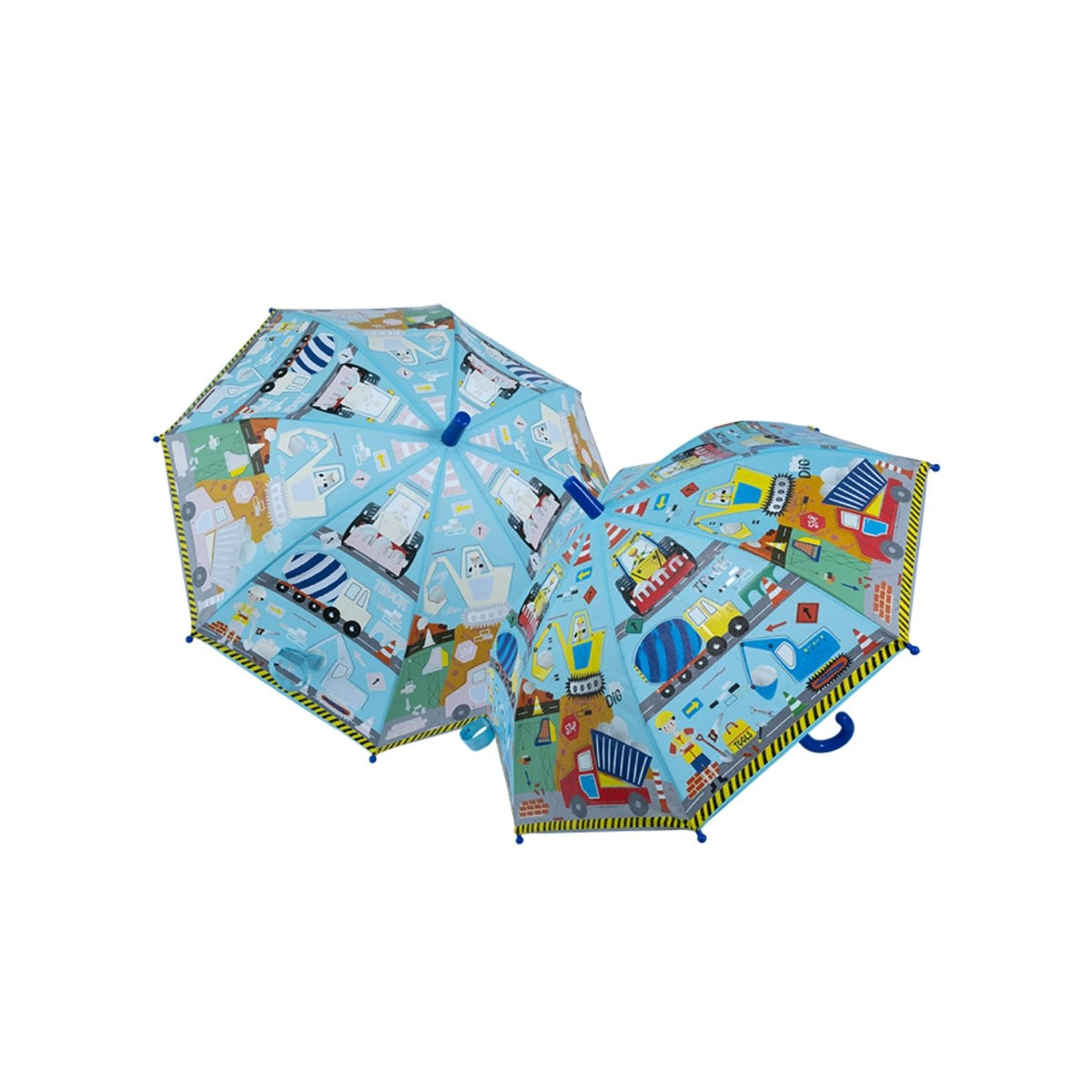 A children&#39;s umbrella with a construction theme, featuring illustrations of builders, trucks, and diggers. It is designed to change color when it rains.