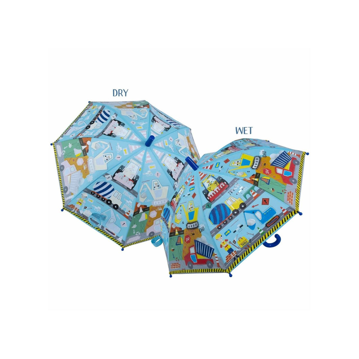 A children&#39;s umbrella with a construction theme, featuring illustrations of builders, trucks, and diggers. It is designed to change color when it rains.