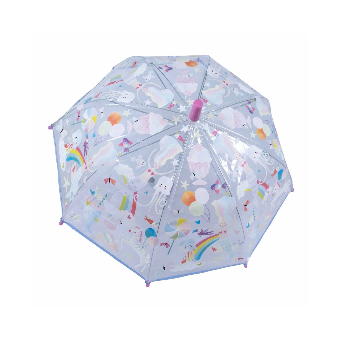 A transparent children&#39;s umbrella with colorful animal and fantasy character illustrations, featuring a rainbow, mermaids, and other elements.