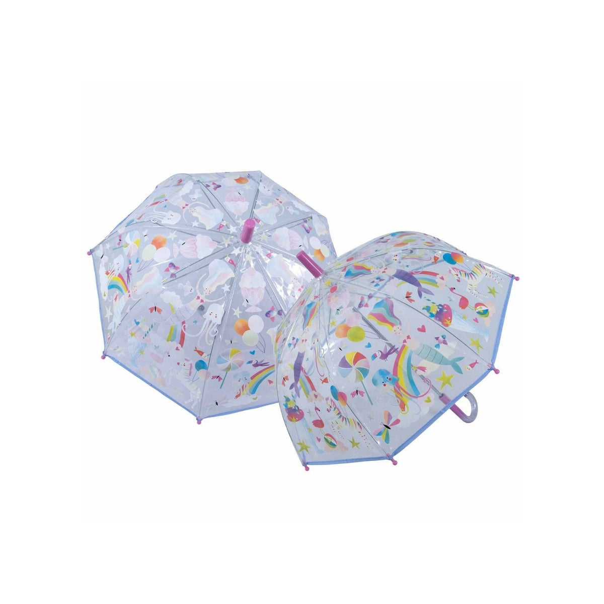 A transparent children&#39;s umbrella with colorful animal and fantasy character illustrations, featuring a rainbow, mermaids, and other elements.