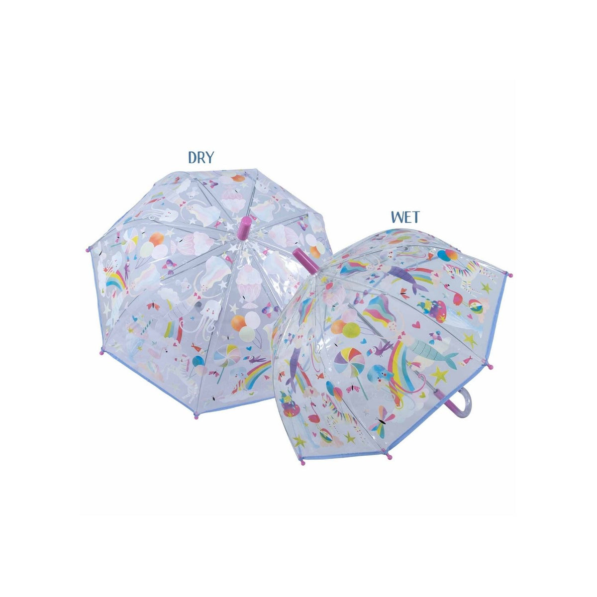 A transparent children&#39;s umbrella with colorful animal and fantasy character illustrations, featuring a rainbow, mermaids, and other elements. Showing dry and wet version of the umbrella