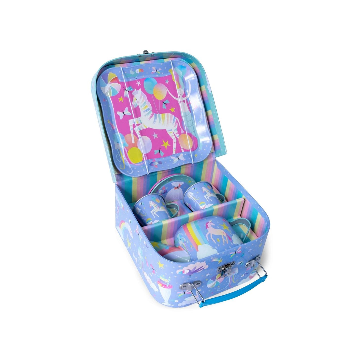 A colorful 7 piece tin tea set in a carrying case with illustrations of mermaids, unicorns, and other fantasy creatures.
