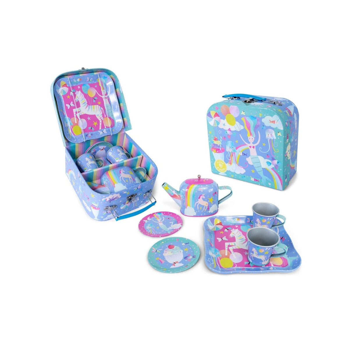 A colorful 7 piece tin tea set in a carrying case with illustrations of mermaids, unicorns, and other fantasy creatures.
