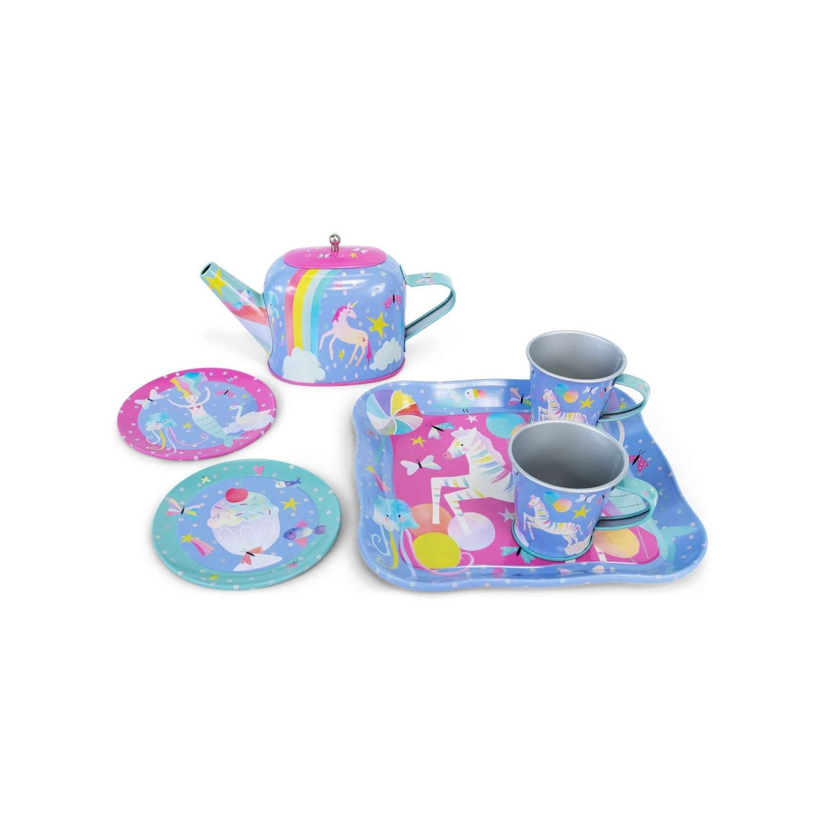 A colorful 7 piece tin tea set in a carrying case with illustrations of mermaids, unicorns, and other fantasy creatures.