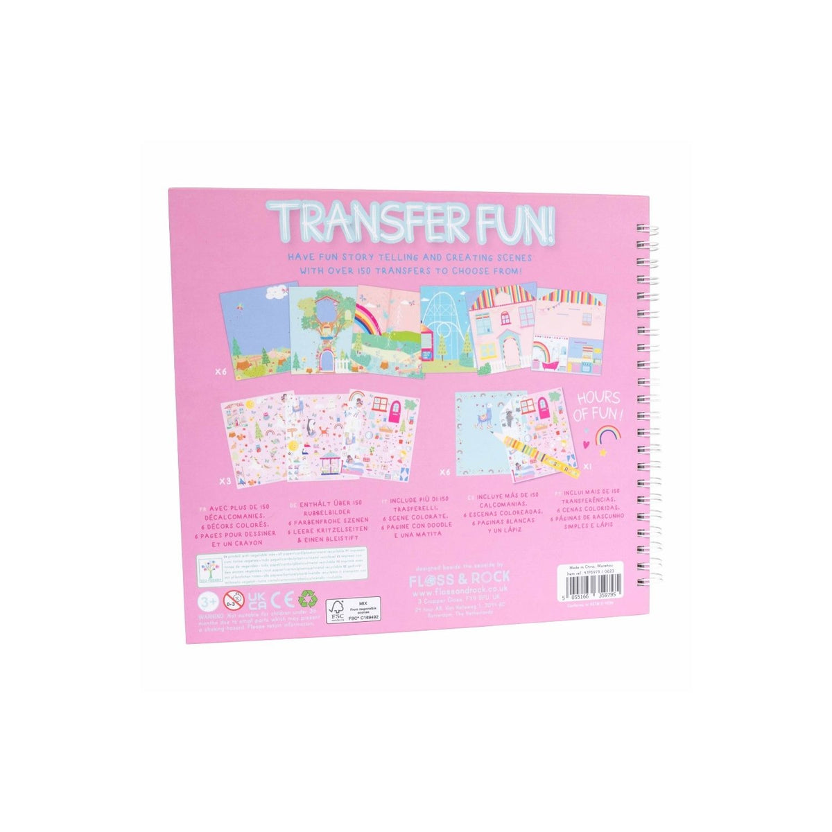 A spiral bound book titled &#39;TRANSFER FUN&#39; featuring rainbow fairy themed transfers, with colorful illustrations on the cover including fairies and rainbows, accompanied by a yellow pencil.