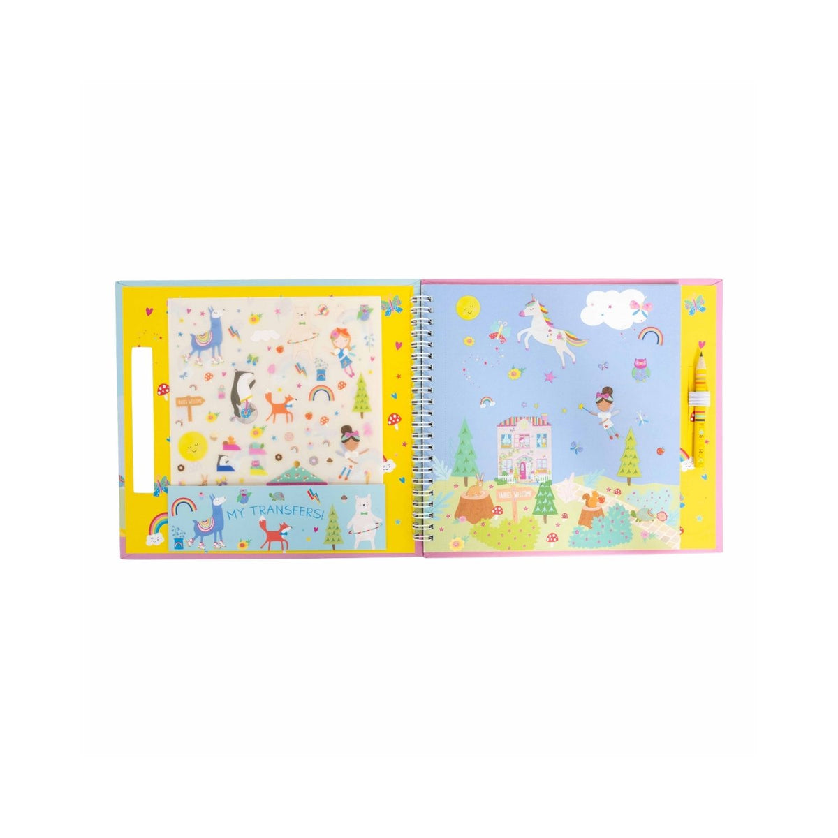 A spiral bound book titled &#39;TRANSFER FUN&#39; featuring rainbow fairy themed transfers, with colorful illustrations on the cover including fairies and rainbows, accompanied by a yellow pencil.