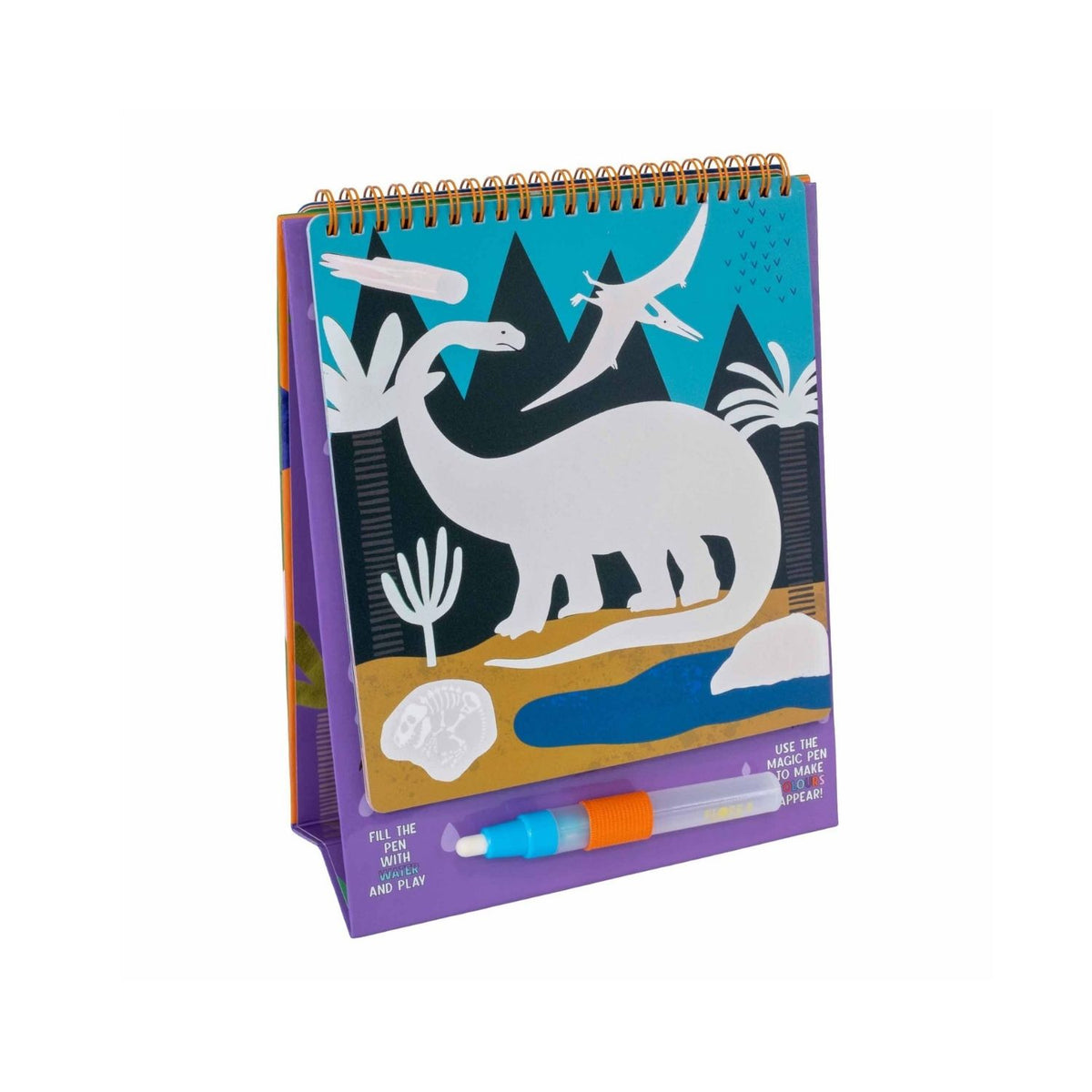 A spiral bound pad of magic colour changing water cards with a dinosaur theme, accompanied by a water pen. The pad is designed to stand upright like an easel.