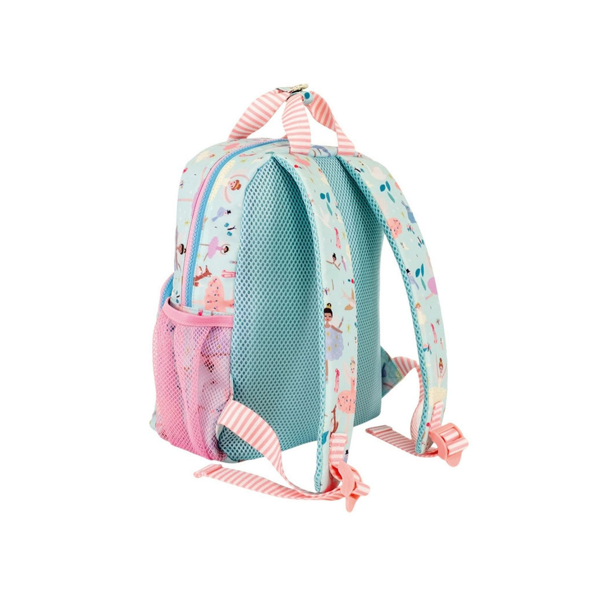 Children&#39;s backpack with pink and blue design on a white background
