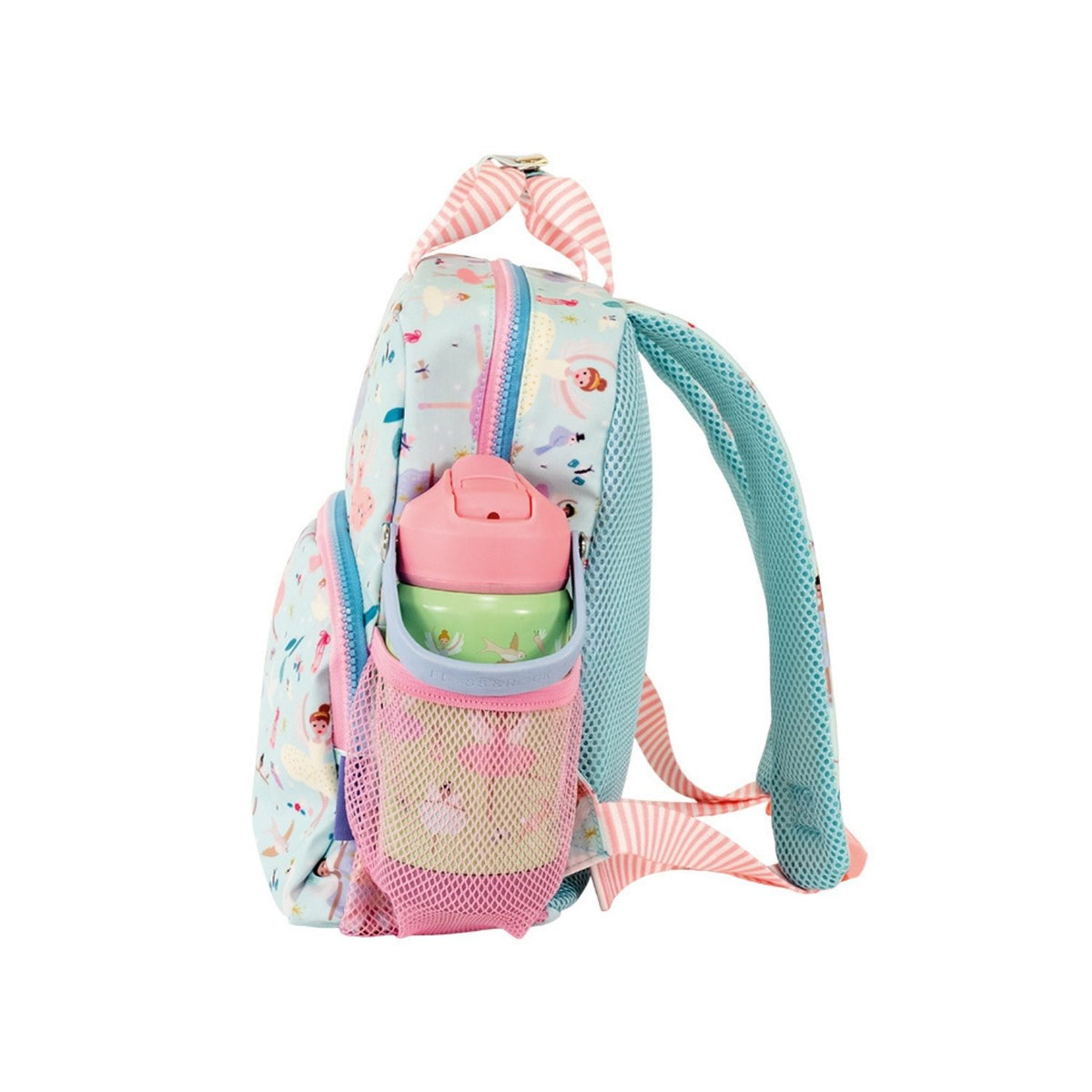 Children&#39;s backpack with a toy and water bottle on a white background