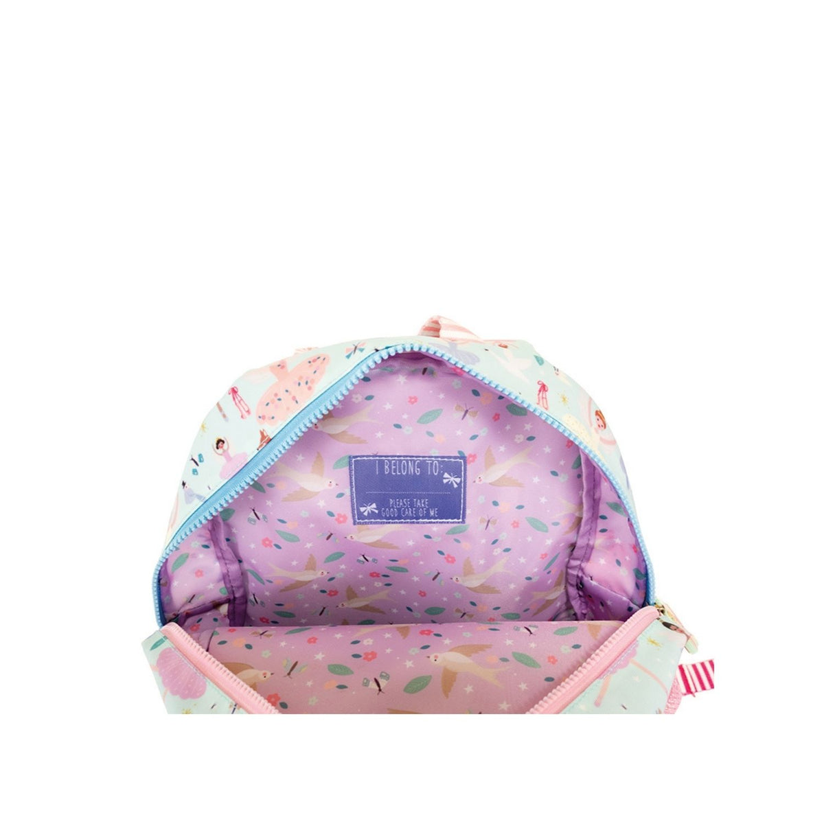 Colorful children&#39;s lunch bag with a patterned interior and visible brand label on a white background.