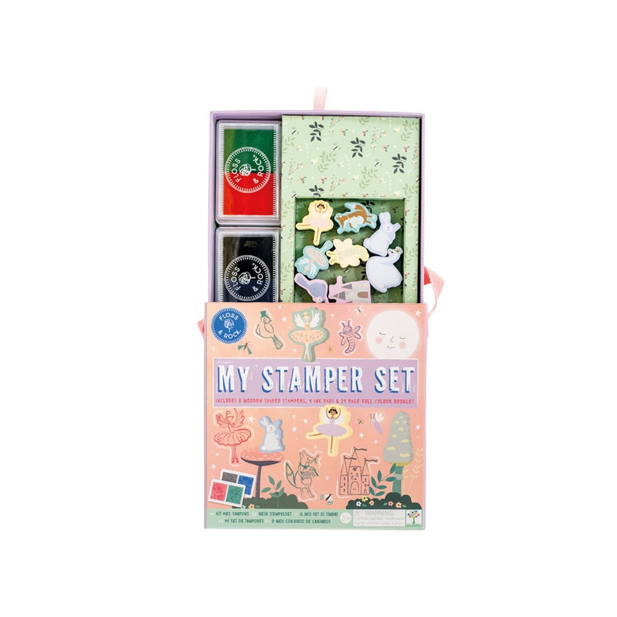 A &#39;My Stamper Set&#39; by Floss &amp; Rock, which includes a variety of wooden stampers, colored ink pads, and a story booklet, packaged in a pink and green box with a carry handle.