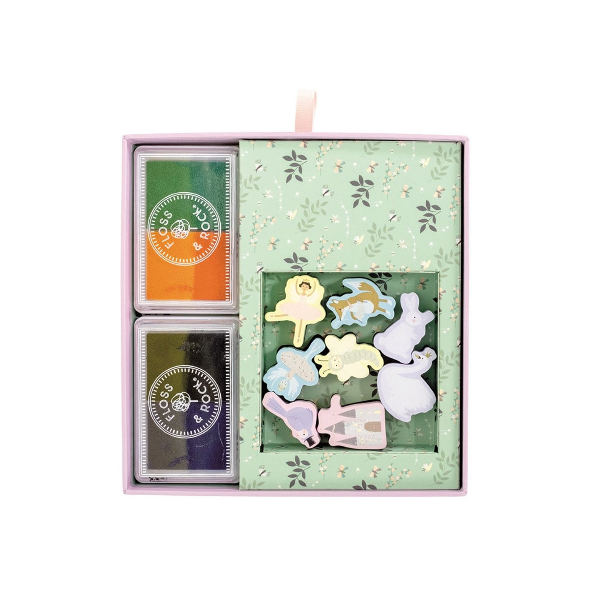 A &#39;My Stamper Set&#39; by Floss &amp; Rock, which includes a variety of wooden stampers, colored ink pads, and a story booklet, packaged in a pink and green box with a carry handle.