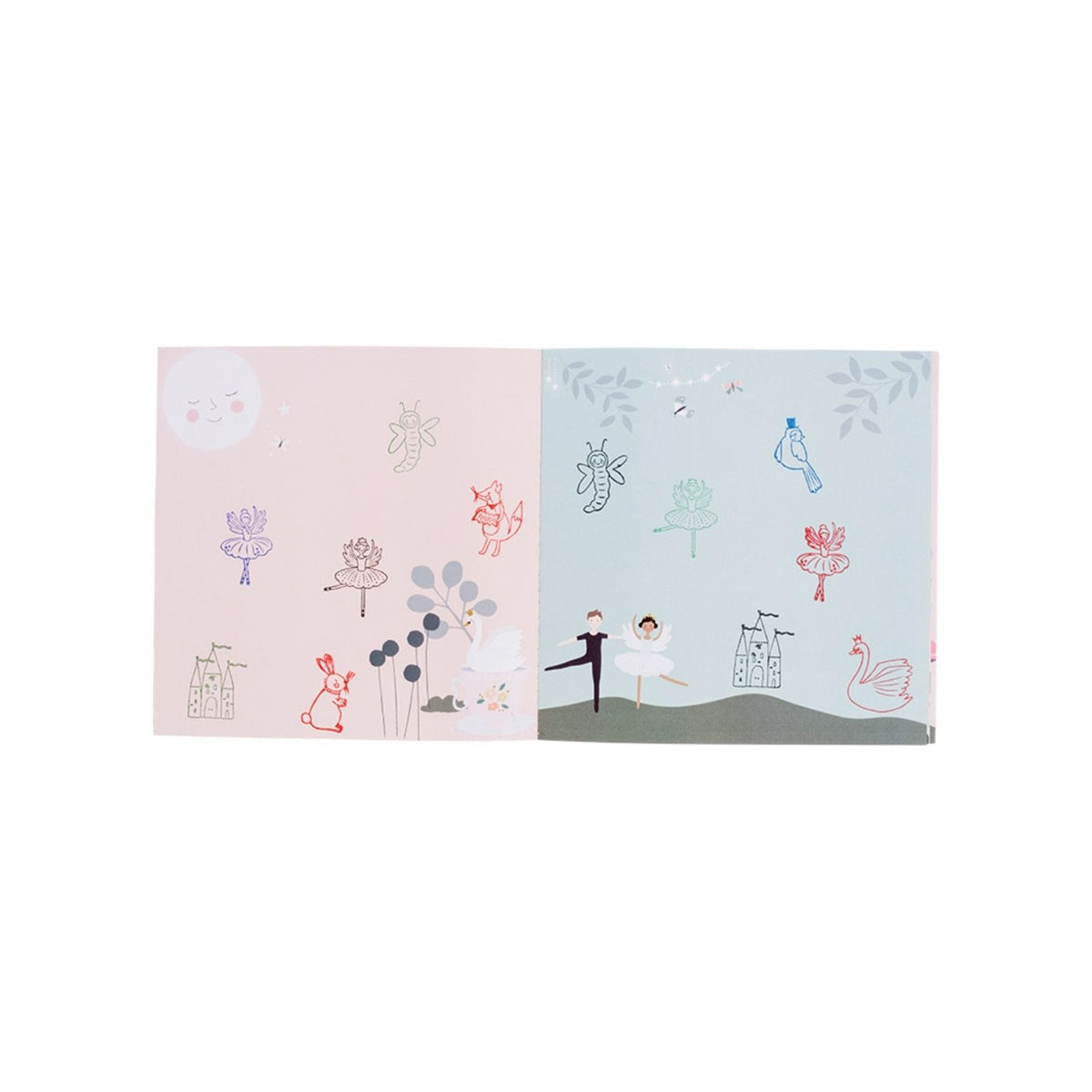 A &#39;My Stamper Set&#39; by Floss &amp; Rock, which includes a variety of wooden stampers, colored ink pads, and a story booklet, packaged in a pink and green box with a carry handle.